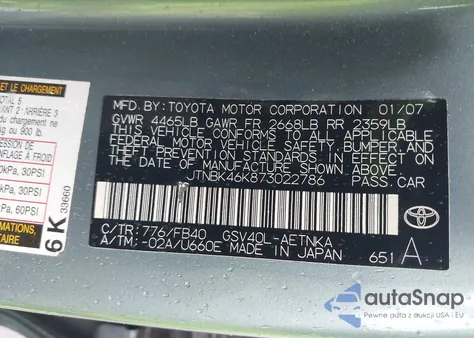 2007 Toyota Camry Le/Xle/Se from USA, damaged, VIN JTNBK46K873022786